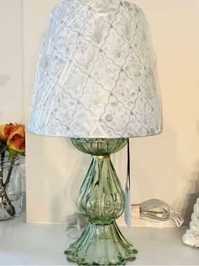 🆕-Soft Green Fluted Glass Table Lamp with Patterned White Shade